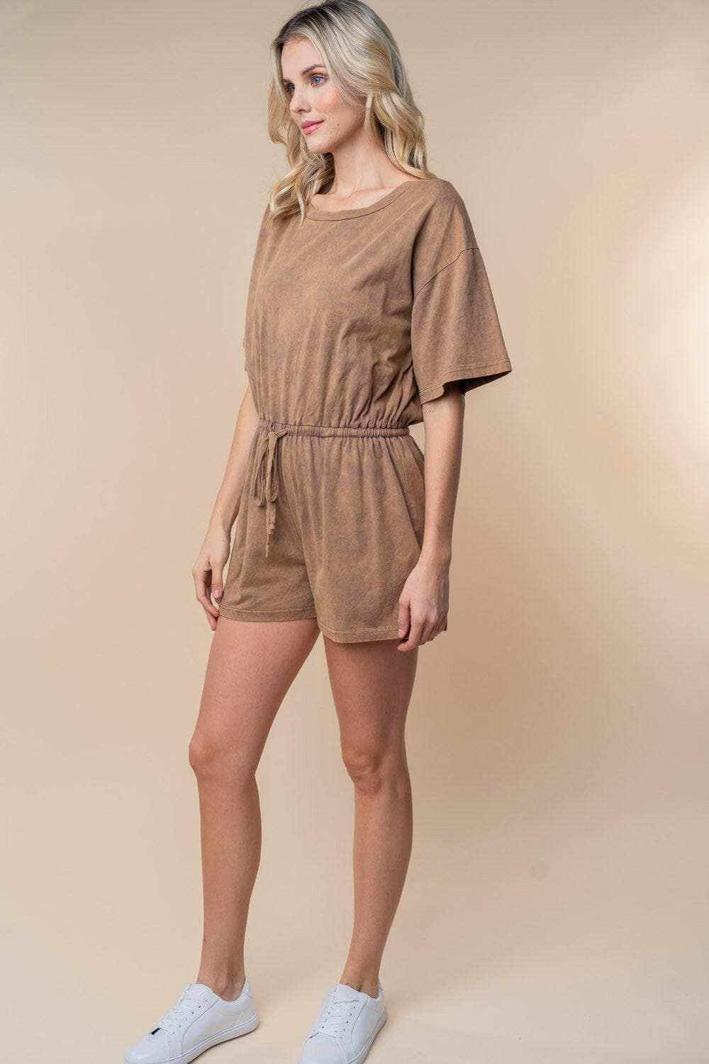 White Birch Full Size Short Sleeve Drawstring Romper - Love Salve 