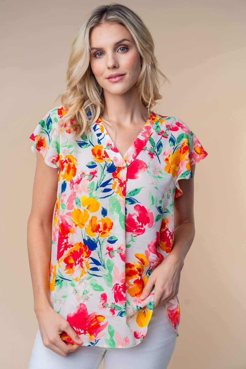 White Birch Full Size Short Sleeve Floral Woven Top - Love Salve 