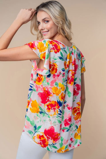 White Birch Full Size Short Sleeve Floral Woven Top - Love Salve 