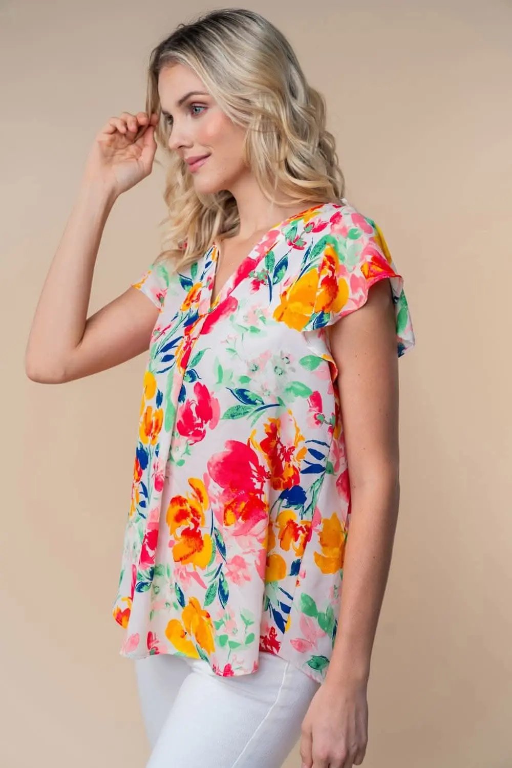 White Birch Full Size Short Sleeve Floral Woven Top - Love Salve 