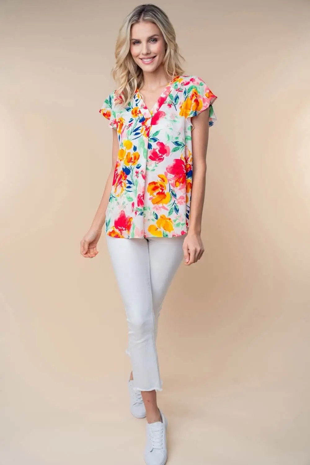 White Birch Full Size Short Sleeve Floral Woven Top - Love Salve 