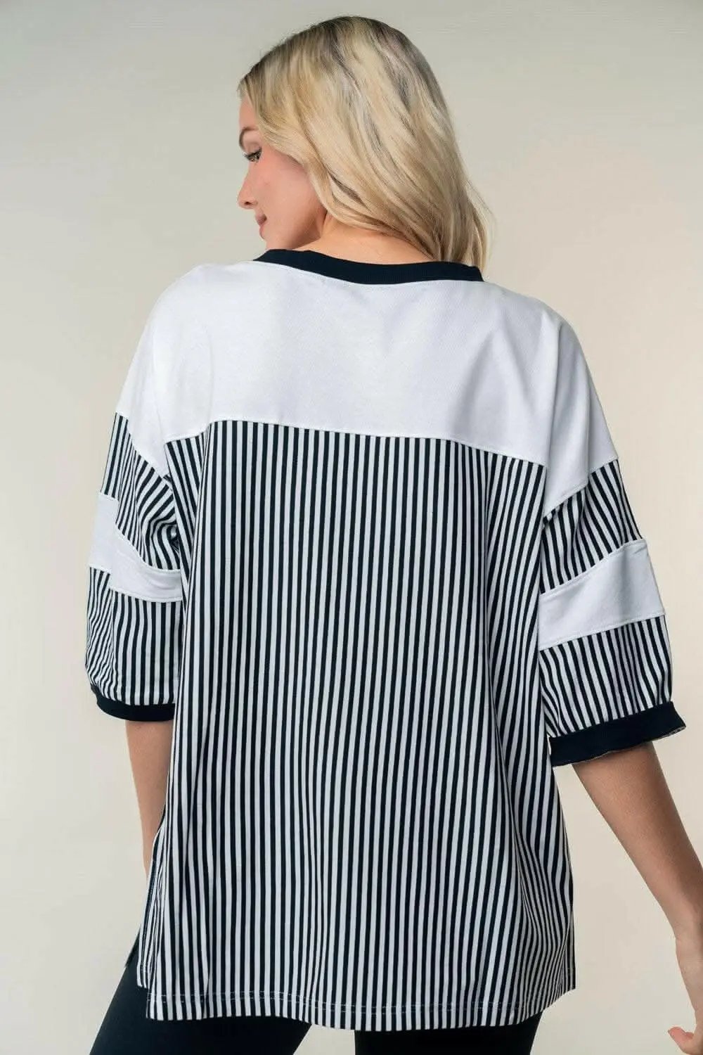 White Birch Full Size Striped Contrast Round Neck Top - Love Salve 