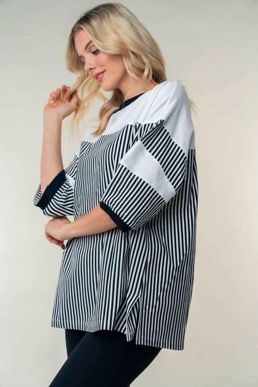 White Birch Full Size Striped Contrast Round Neck Top - Love Salve 
