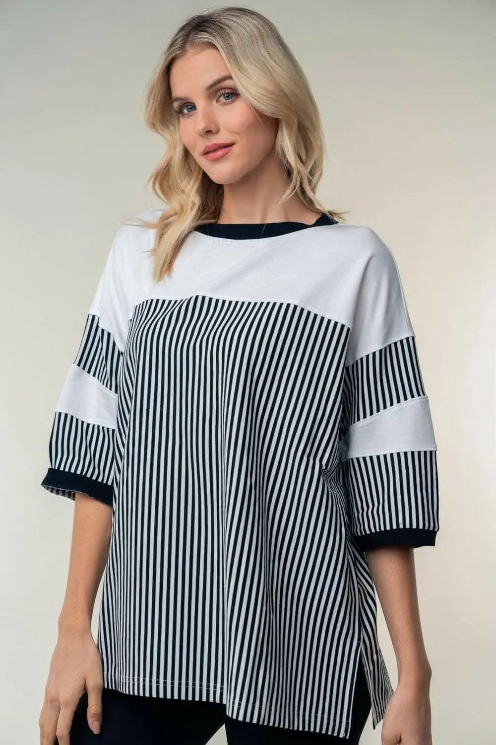 White Birch Full Size Striped Contrast Round Neck Top - Love Salve 