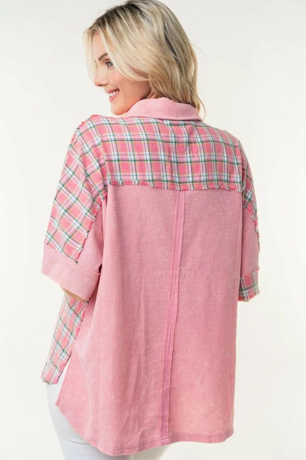 White Birch Plaid Color Block Half Button Top - Love Salve 