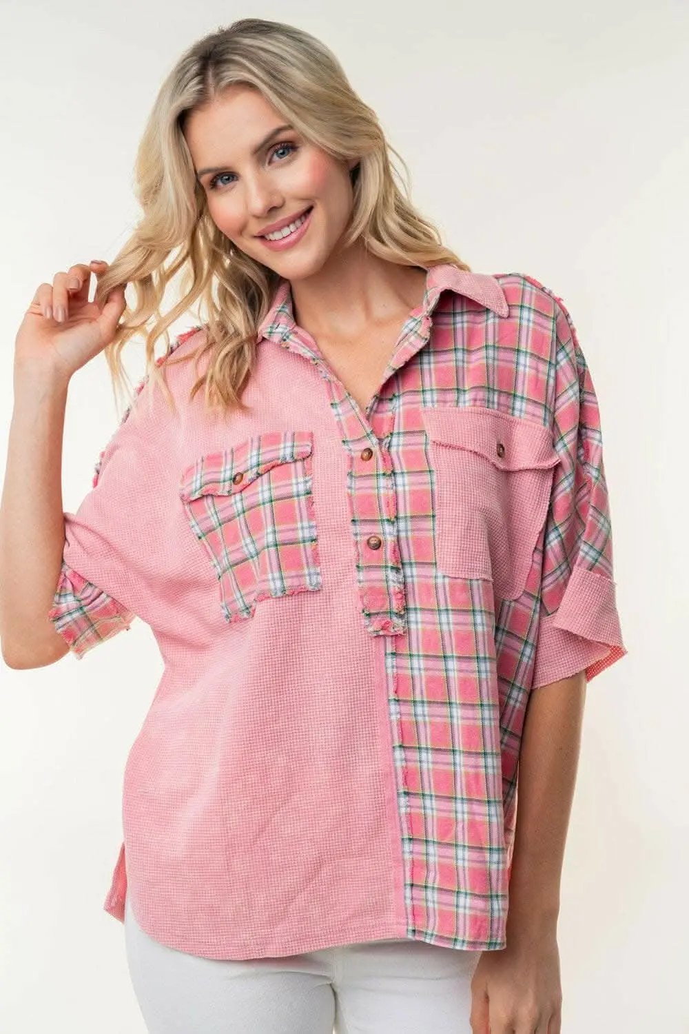 White Birch Plaid Color Block Half Button Top - Love Salve 