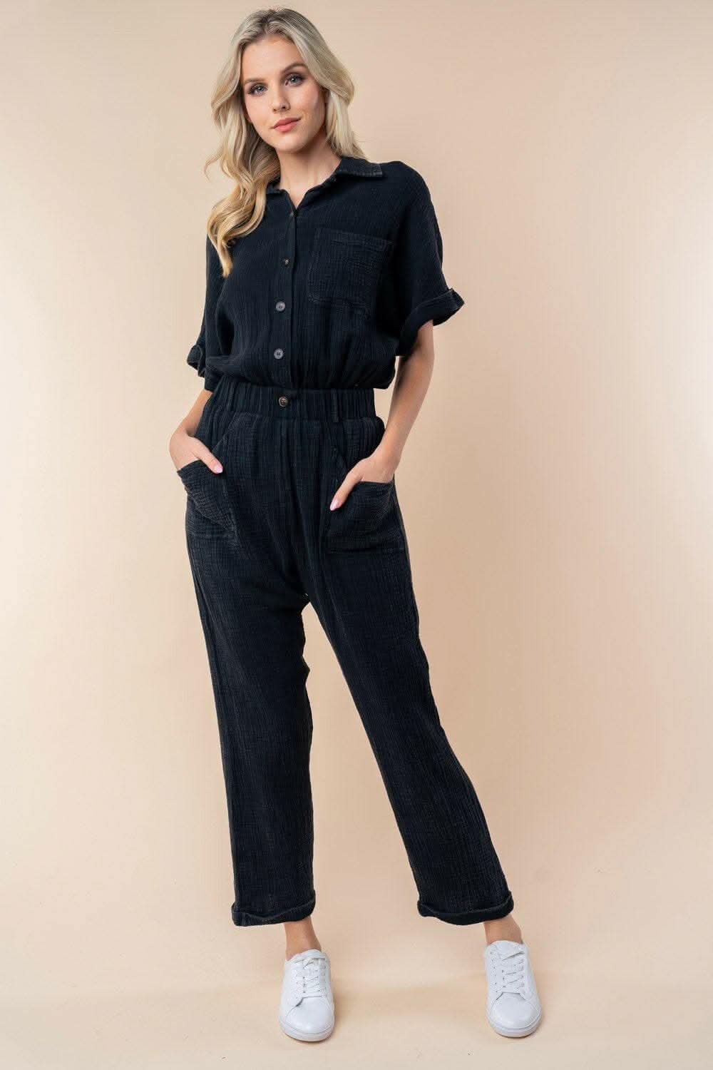 White Birch Texture Short Sleeve Jumpsuit 
