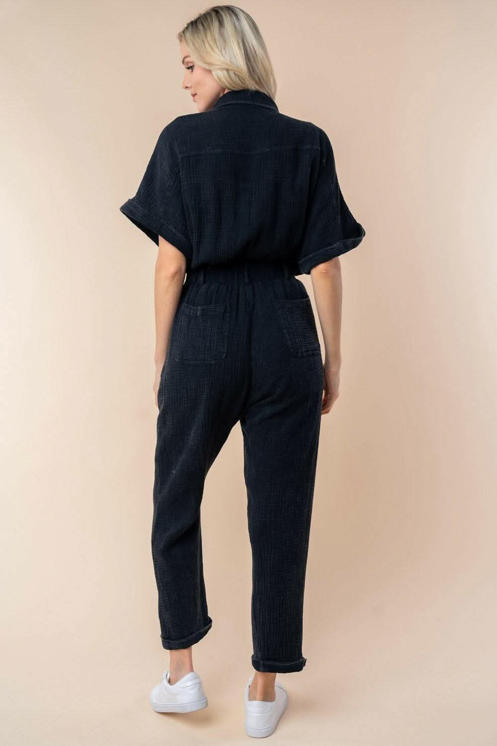 White Birch Texture Short Sleeve Jumpsuit 