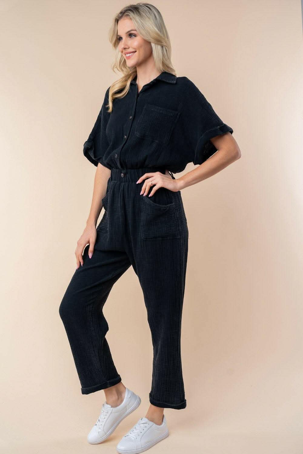 White Birch Texture Short Sleeve Jumpsuit 