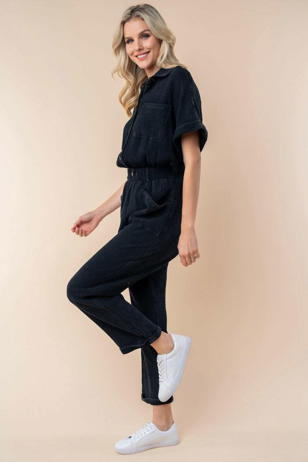 White Birch Texture Short Sleeve Jumpsuit 