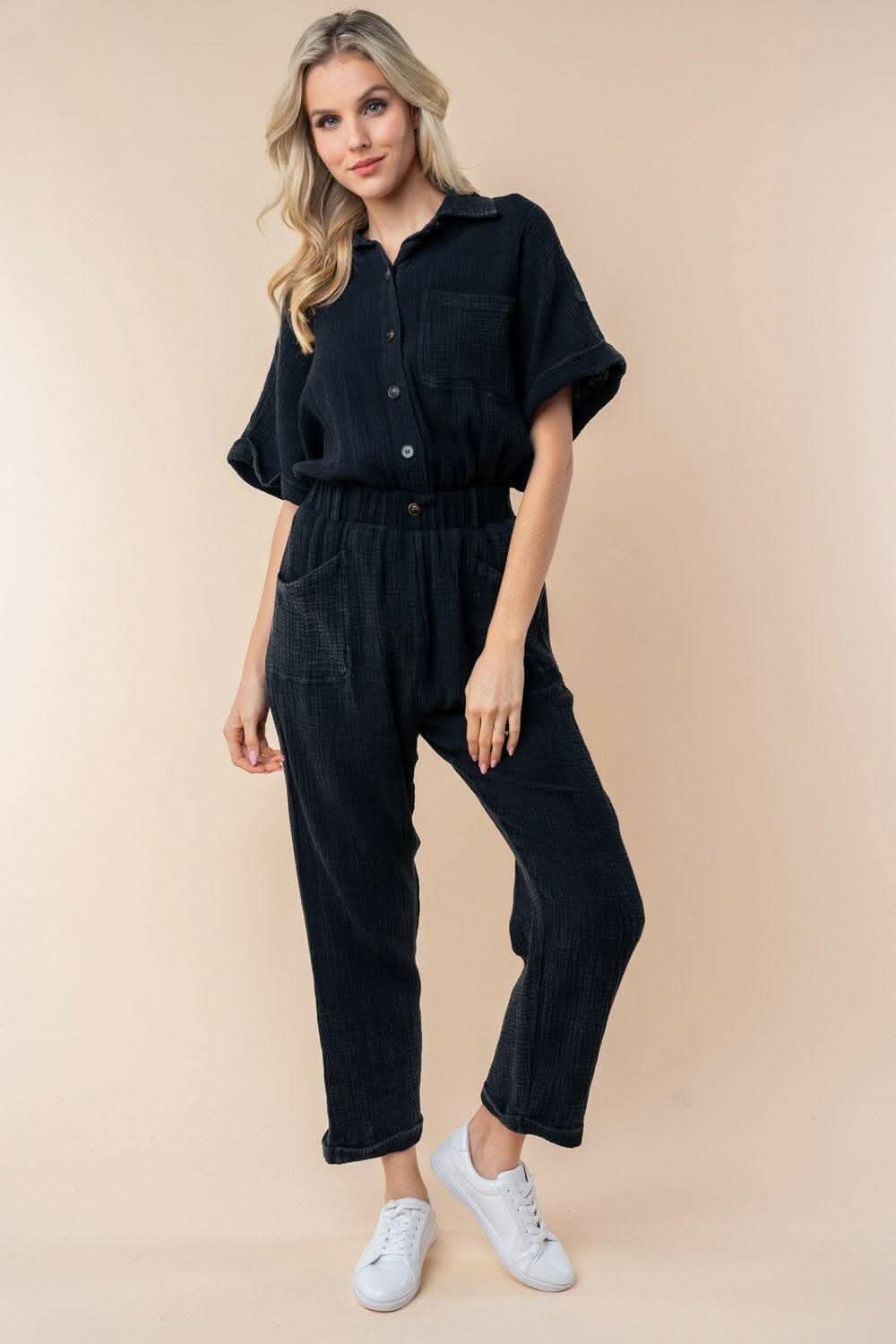 White Birch Texture Short Sleeve Jumpsuit 
