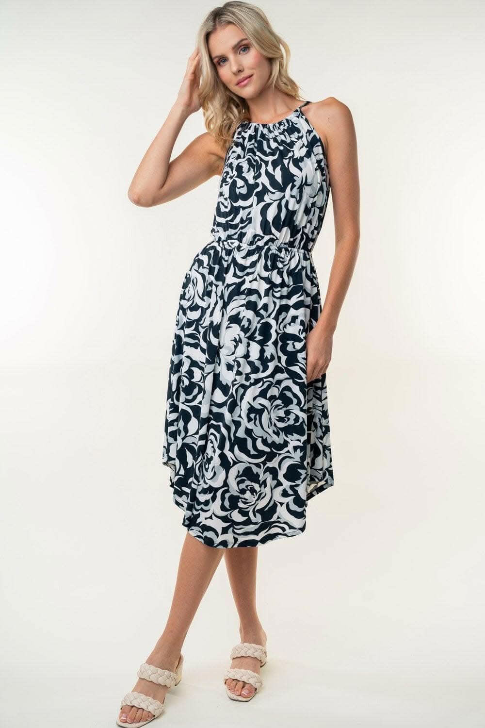 White Birch Tied Ruched Floral Sleeveless Knee Length Dress - Love Salve 