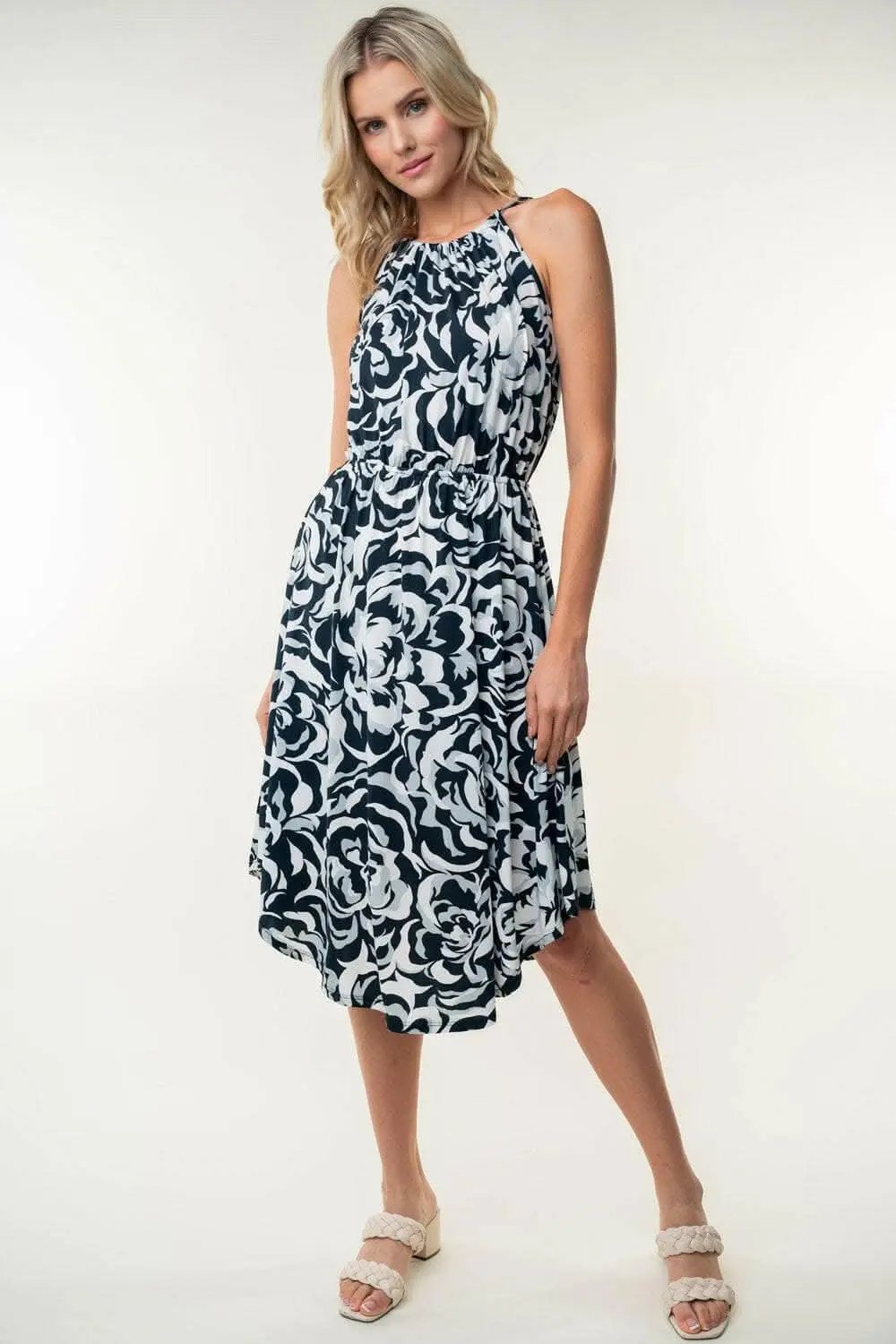 White Birch Tied Ruched Floral Sleeveless Knee Length Dress - Love Salve 