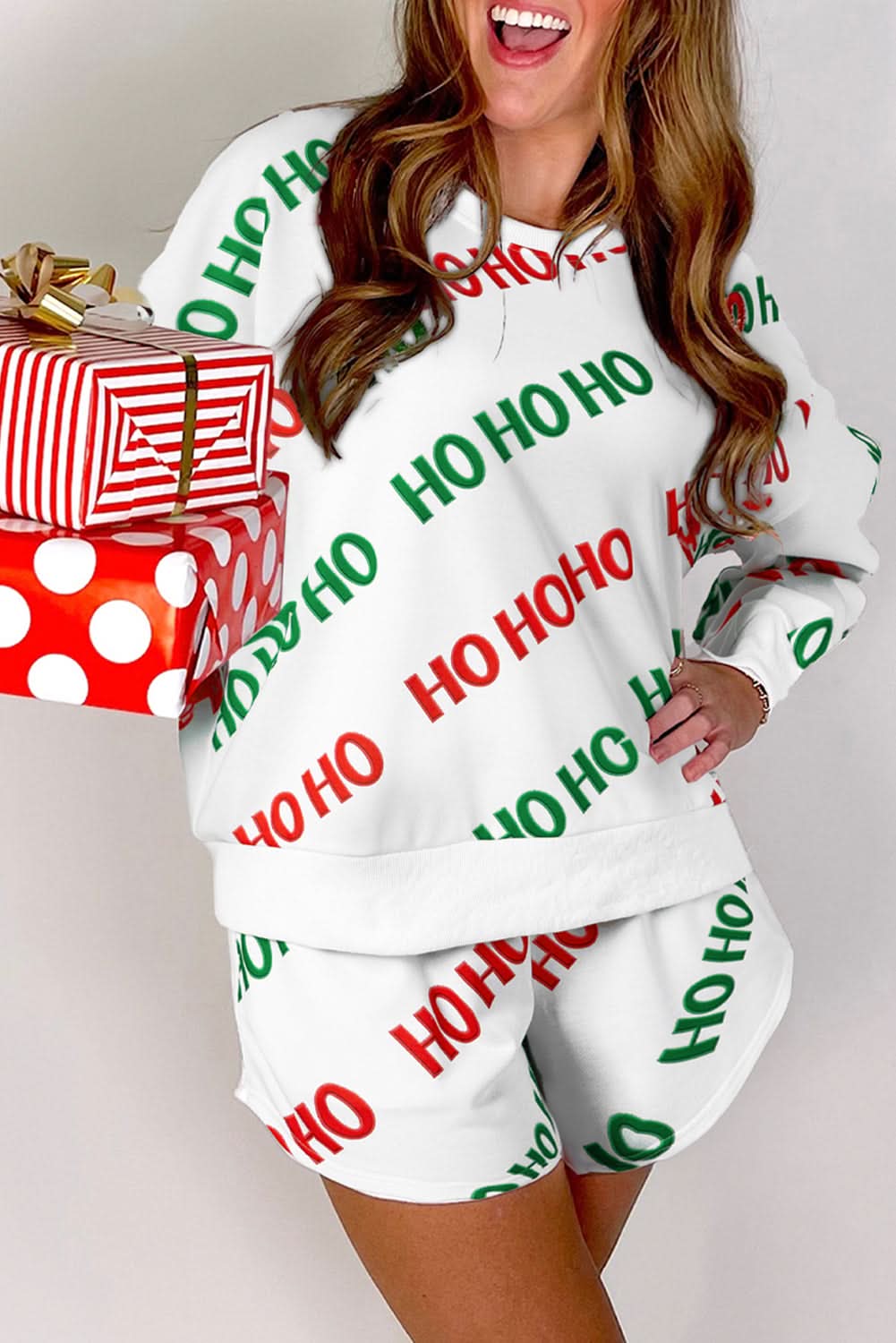 White Christmas HOHOHO Print Drop Shoulder Pullover and Casual Shorts Set - Love Salve 