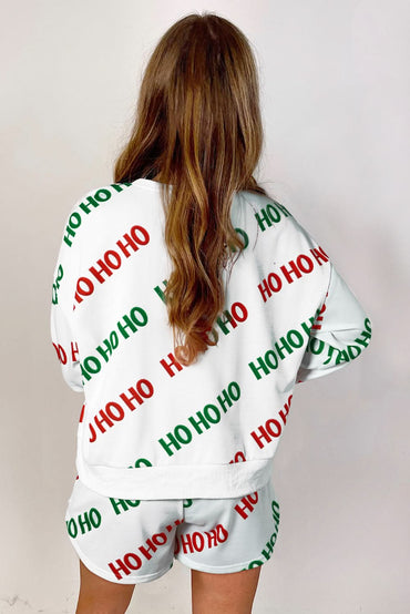 White Christmas HOHOHO Print Drop Shoulder Pullover and Casual Shorts Set 