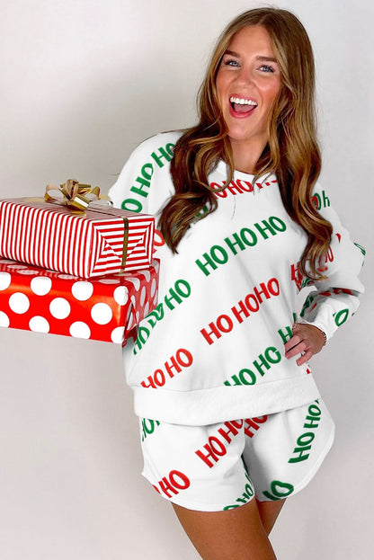 White Christmas HOHOHO Print Drop Shoulder Pullover and Casual Shorts Set - Love Salve 