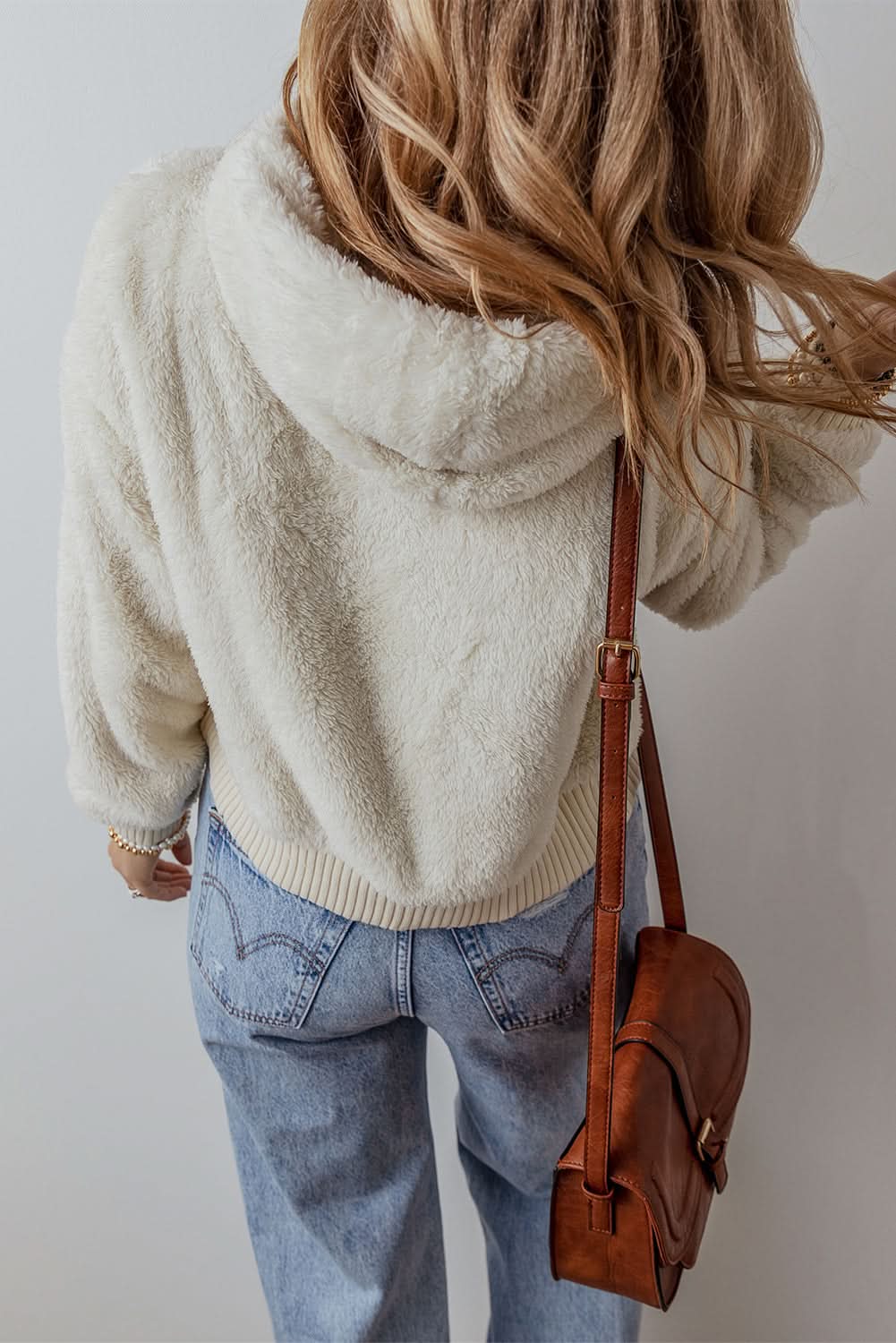 White Contrast Ribbed Edge Plush Hoodie - Love Salve 