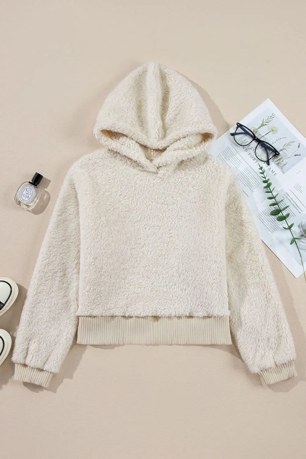 White Contrast Ribbed Edge Plush Hoodie - Love Salve 