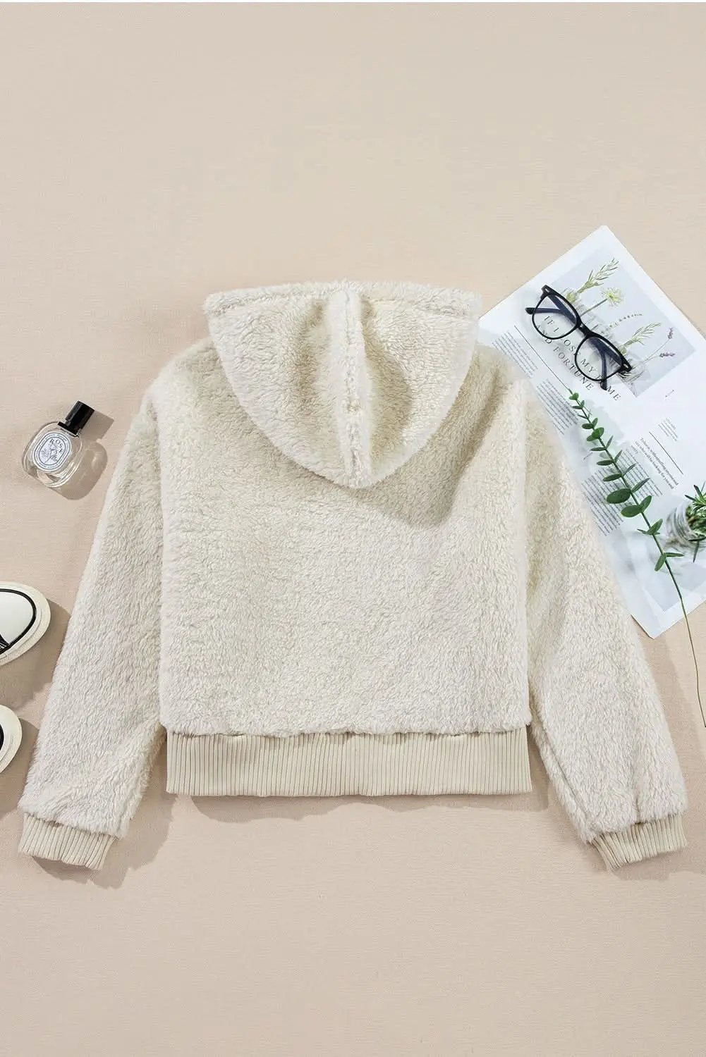 White Contrast Ribbed Edge Plush Hoodie - Love Salve 