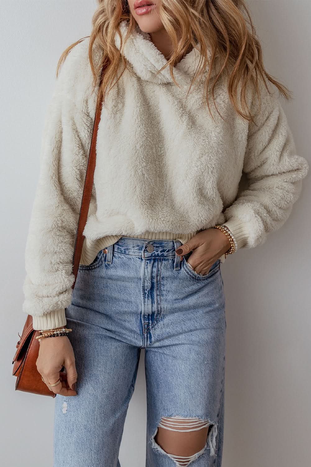 White Contrast Ribbed Edge Plush Hoodie - Love Salve 