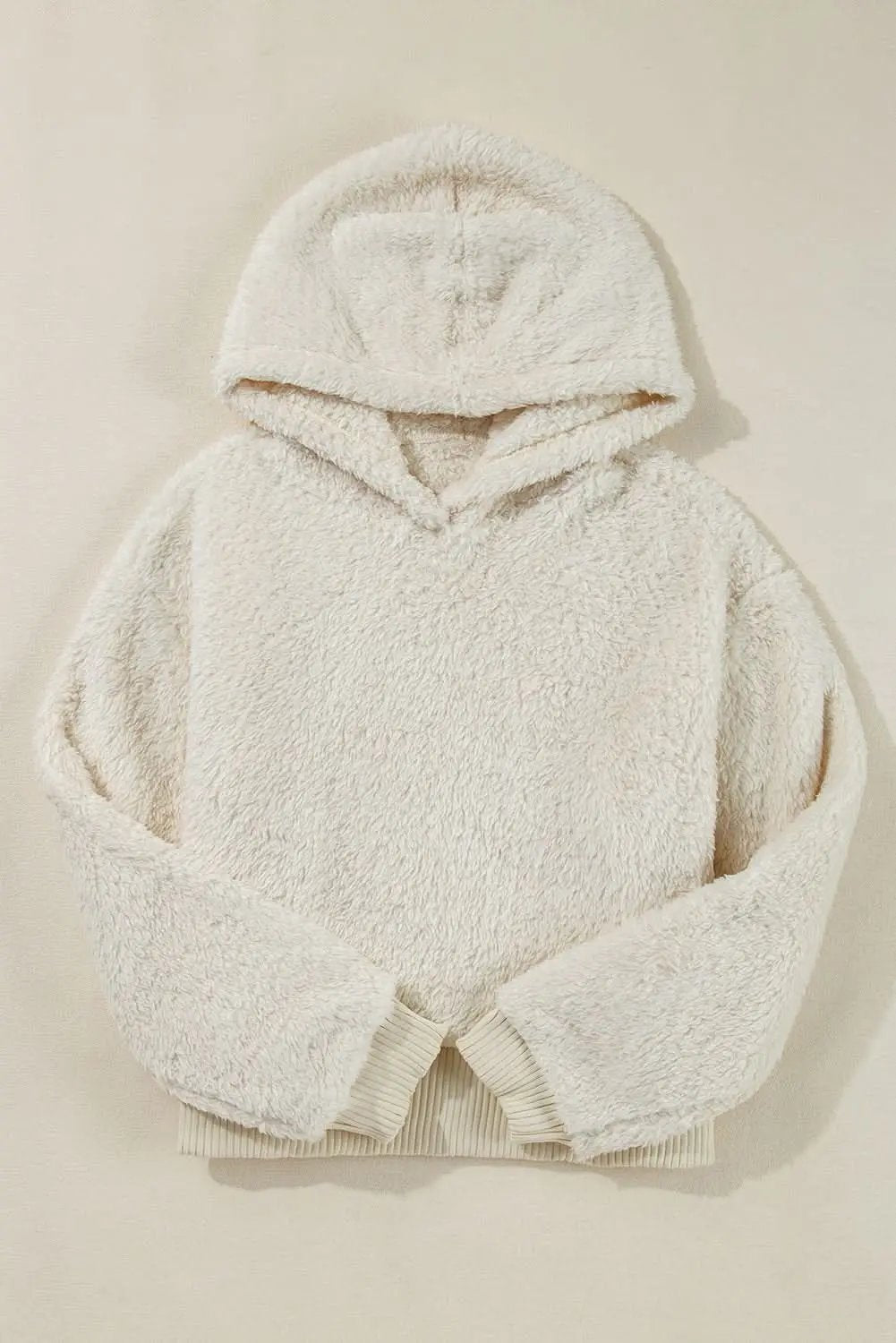 White Contrast Ribbed Edge Plush Hoodie - Love Salve 