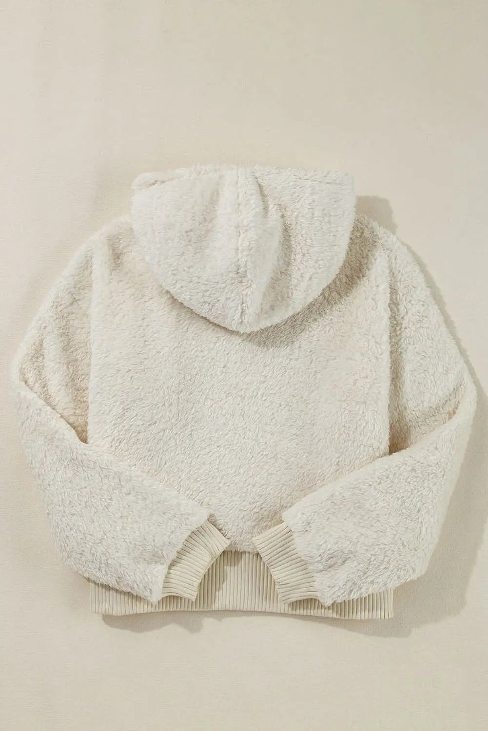 White Contrast Ribbed Edge Plush Hoodie - Love Salve 