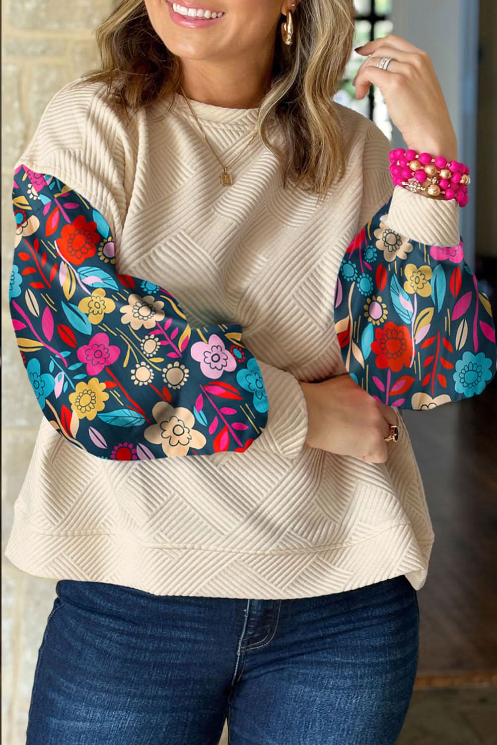 White Floral Patchwork Sleeve Textured Plus Size Pullover Top - Love Salve 
