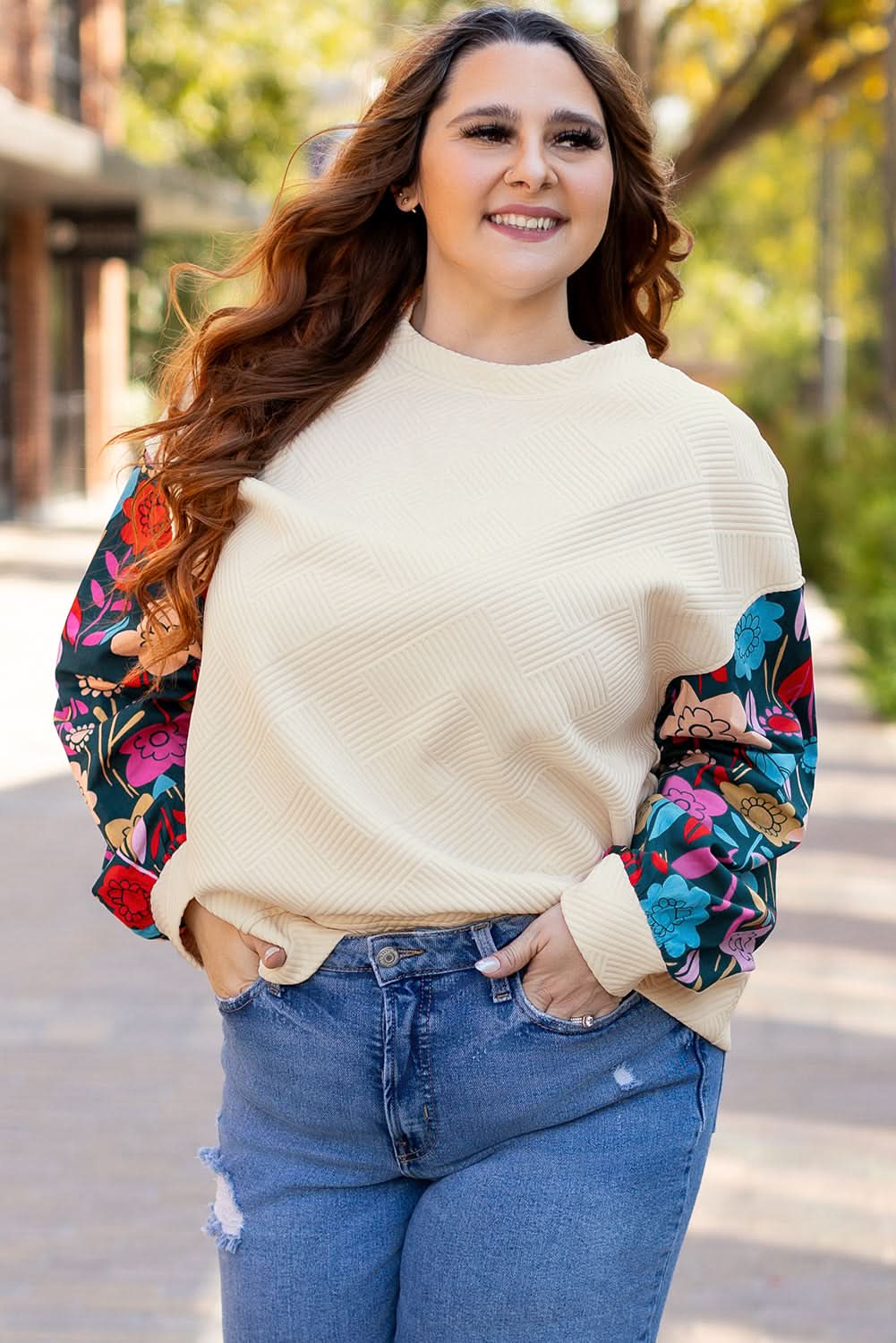 White Floral Patchwork Sleeve Textured Plus Size Pullover Top - Love Salve 