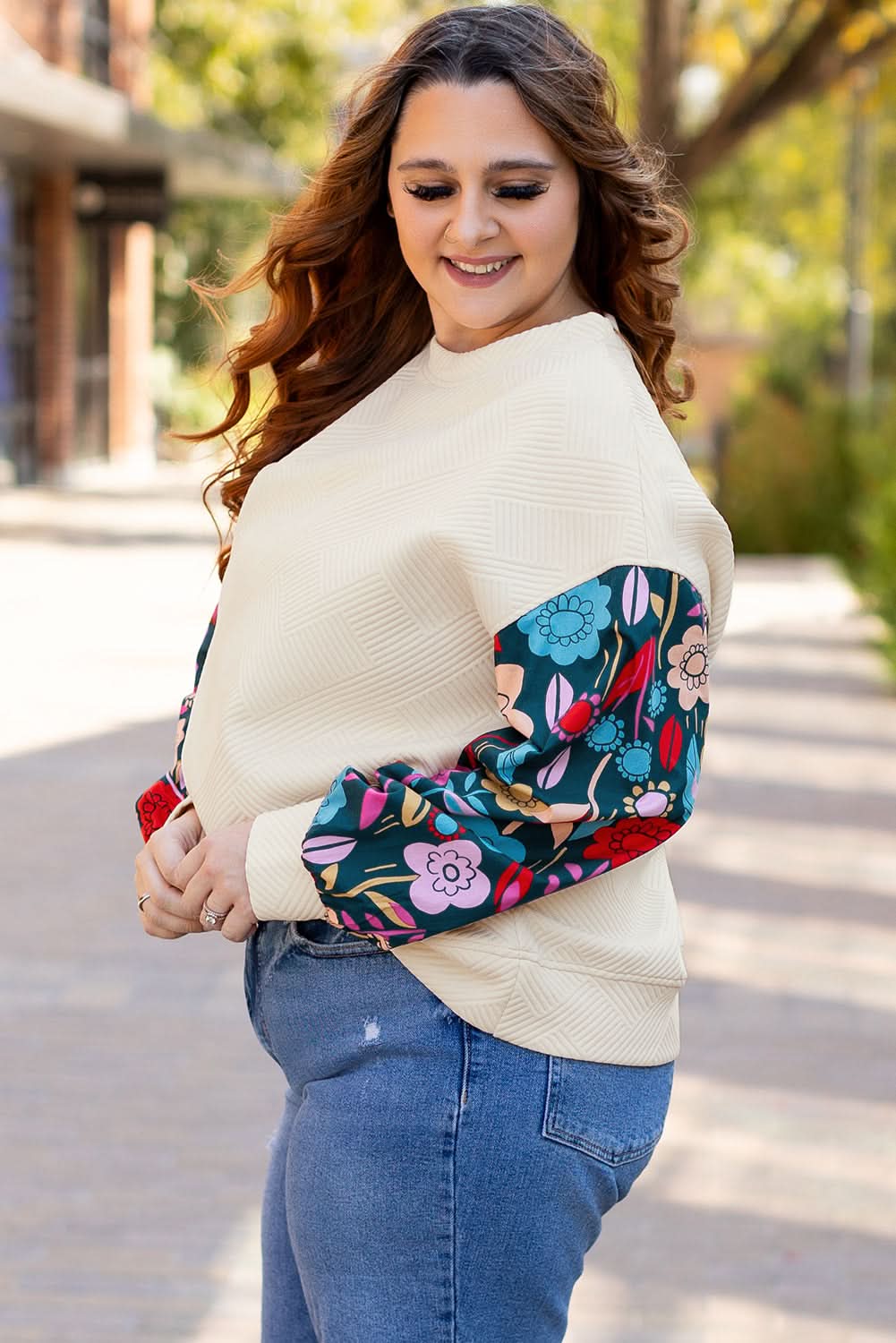 White Floral Patchwork Sleeve Textured Plus Size Pullover Top - Love Salve 