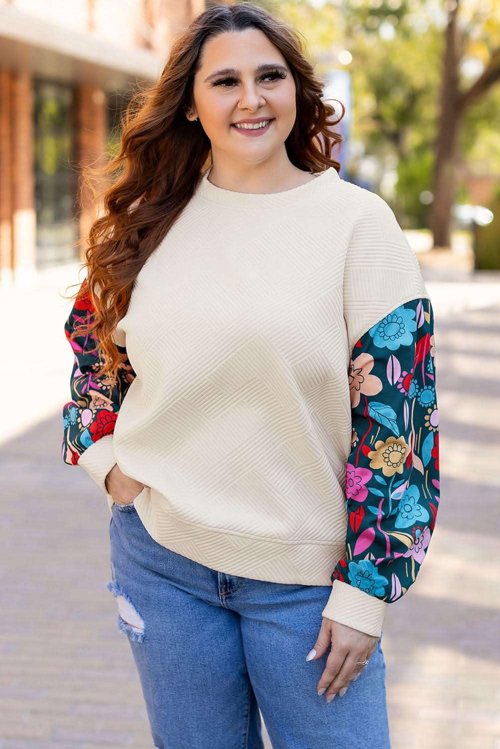 White Floral Patchwork Sleeve Textured Plus Size Pullover Top - Love Salve 