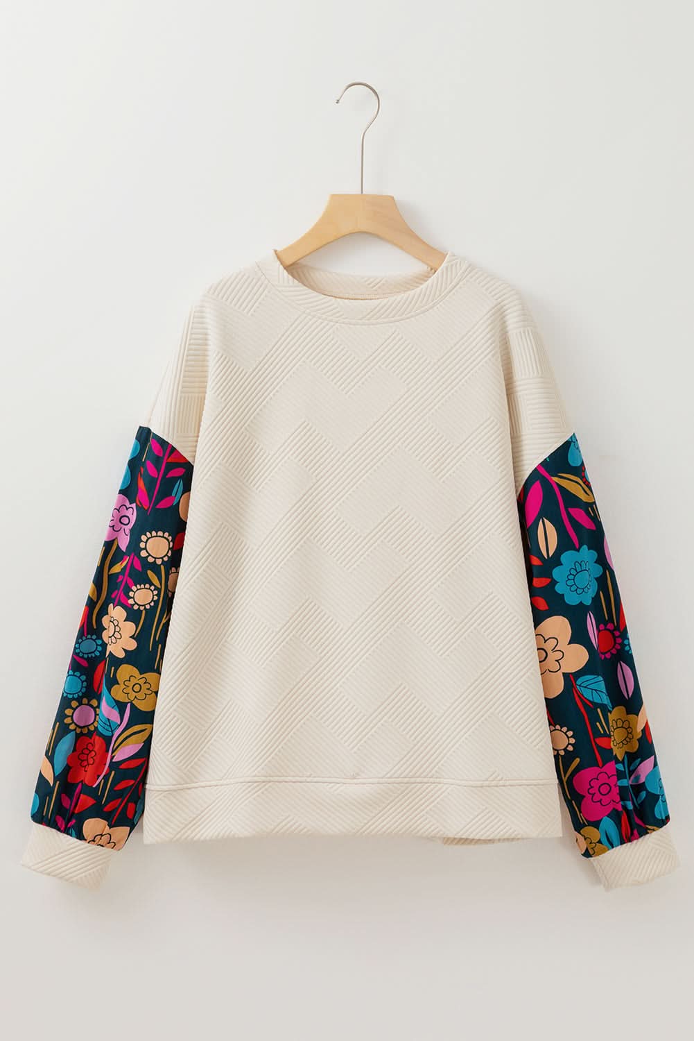 White Floral Patchwork Sleeve Textured Plus Size Pullover Top - Love Salve 