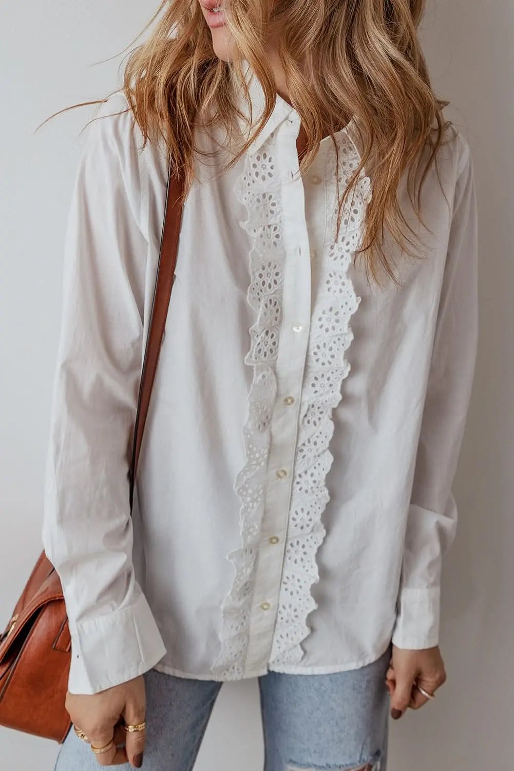 White Lace Crochet Trim Turn Down Collar Buttoned Shirt - Love Salve 