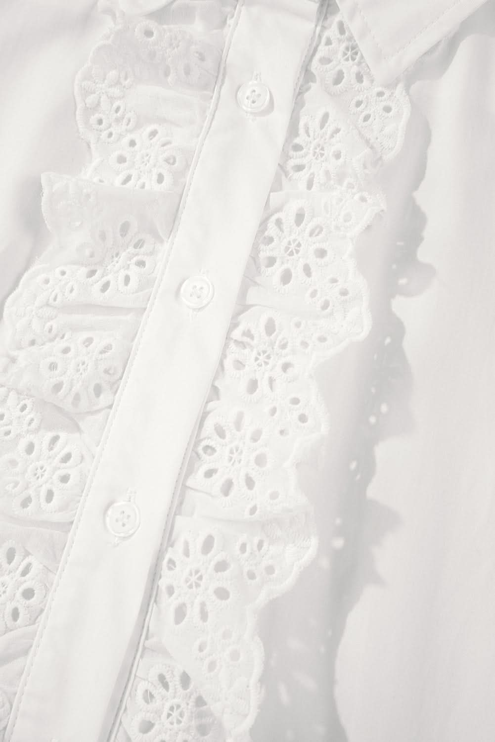 White Lace Crochet Trim Turn Down Collar Buttoned Shirt - Love Salve 