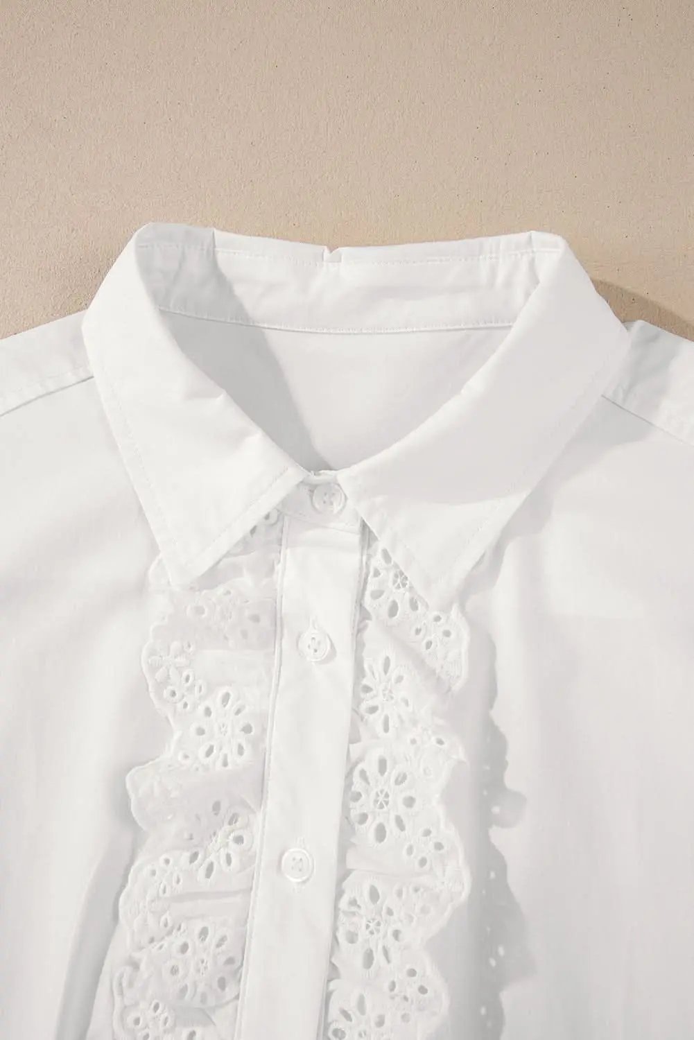 White Lace Crochet Trim Turn Down Collar Buttoned Shirt - Love Salve 