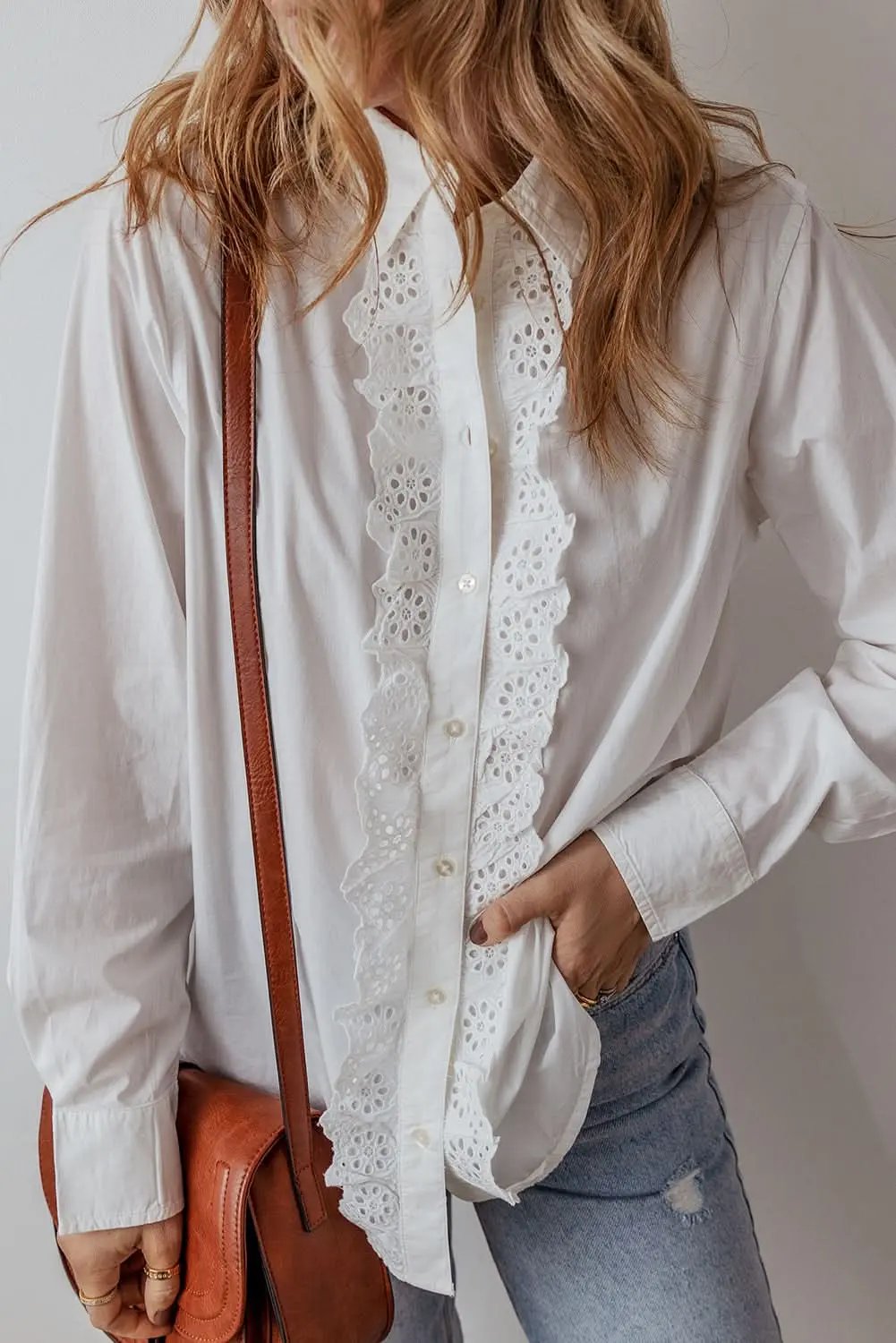 White Lace Crochet Trim Turn Down Collar Buttoned Shirt - Love Salve 