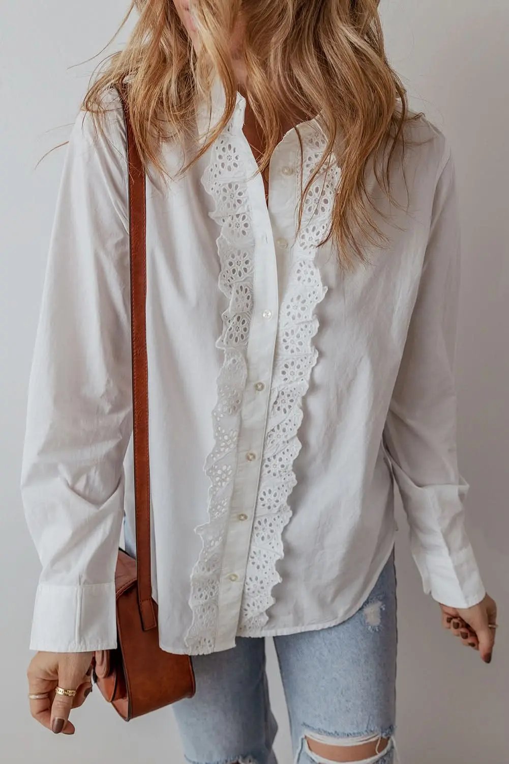 White Lace Crochet Trim Turn Down Collar Buttoned Shirt - Love Salve 