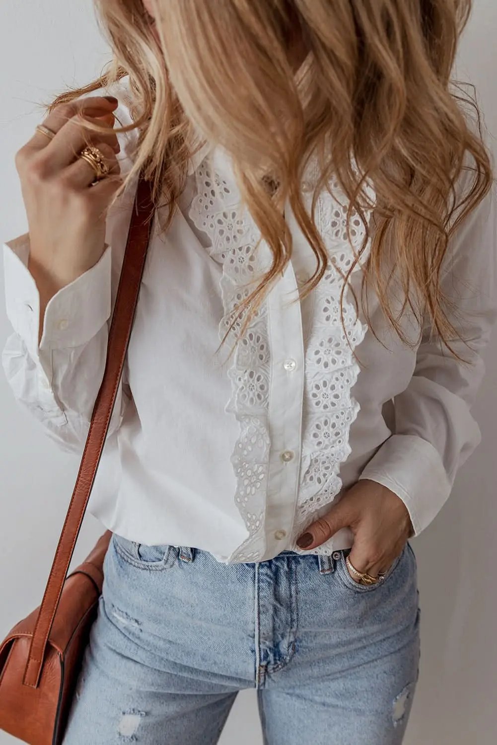 White Lace Crochet Trim Turn Down Collar Buttoned Shirt - Love Salve 