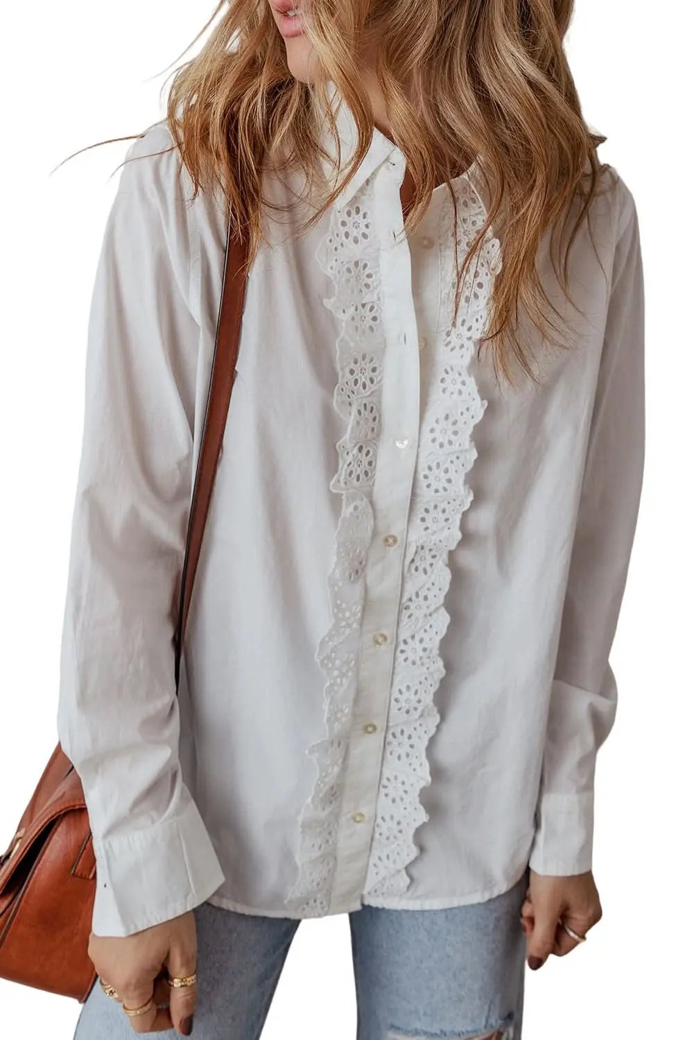 White Lace Crochet Trim Turn Down Collar Buttoned Shirt - Love Salve 