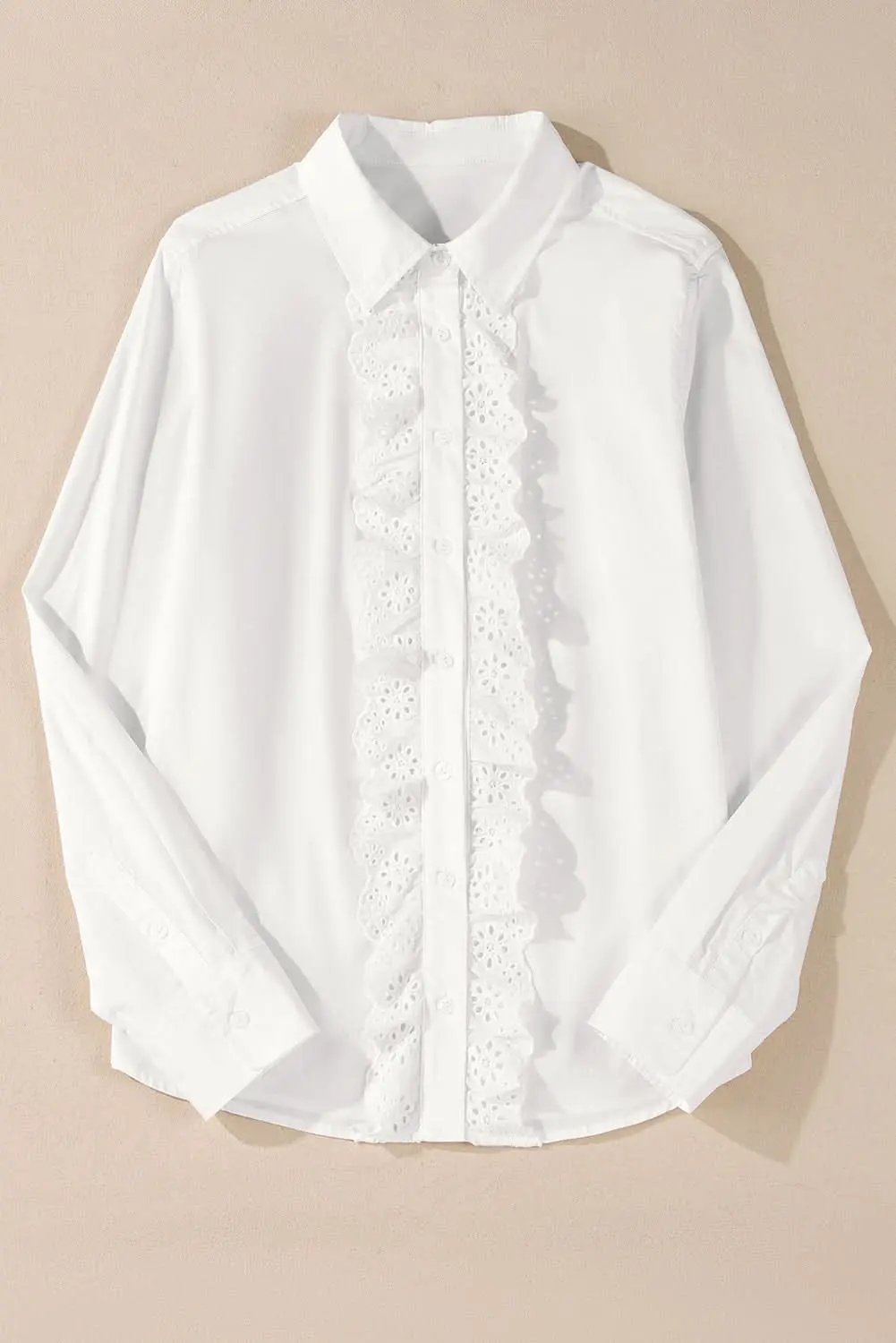 White Lace Crochet Trim Turn Down Collar Buttoned Shirt - Love Salve 