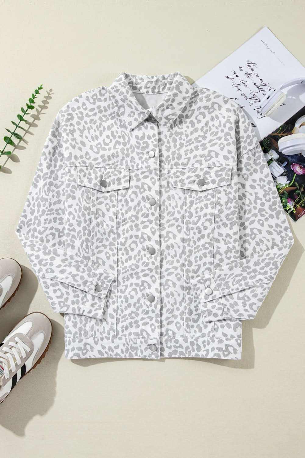 White Leopard Printed Flap Pocket Denim Jacket - Love Salve 