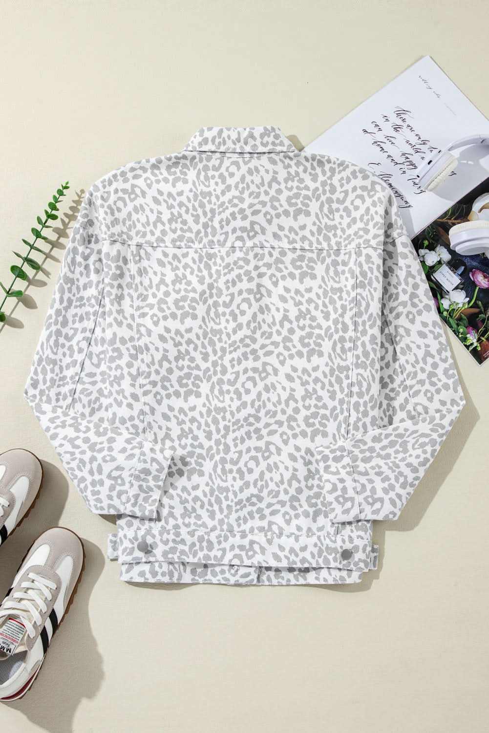 White Leopard Printed Flap Pocket Denim Jacket - Love Salve 