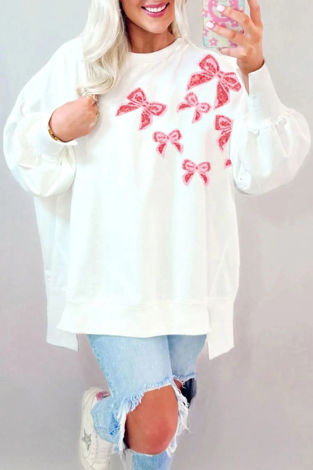 White Sequin Bowknot High Low Oversize Sweatshirt - Love Salve 