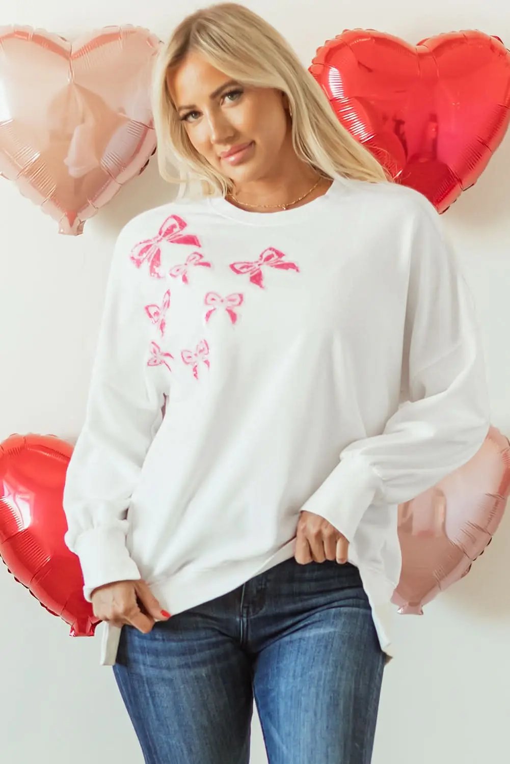 White Sequin Bowknot High Low Oversize Sweatshirt - Love Salve 