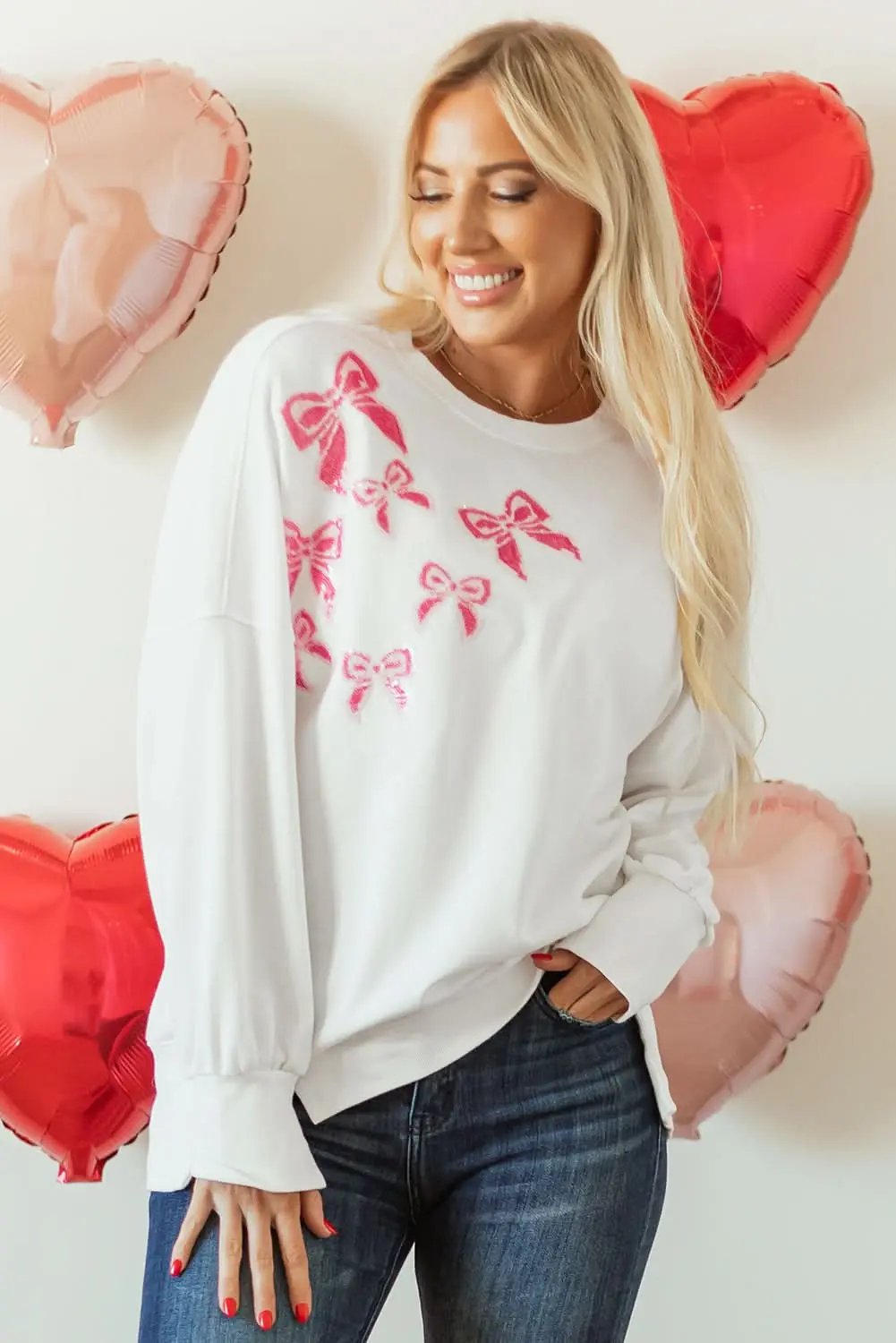 White Sequin Bowknot High Low Oversize Sweatshirt - Love Salve 