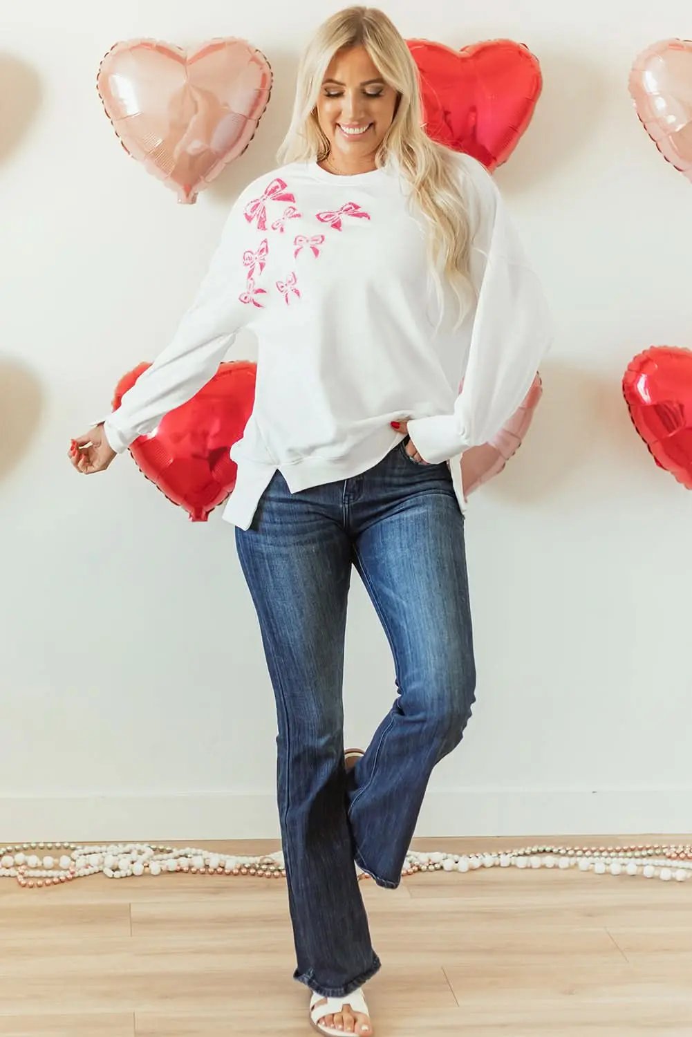 White Sequin Bowknot High Low Oversize Sweatshirt - Love Salve 