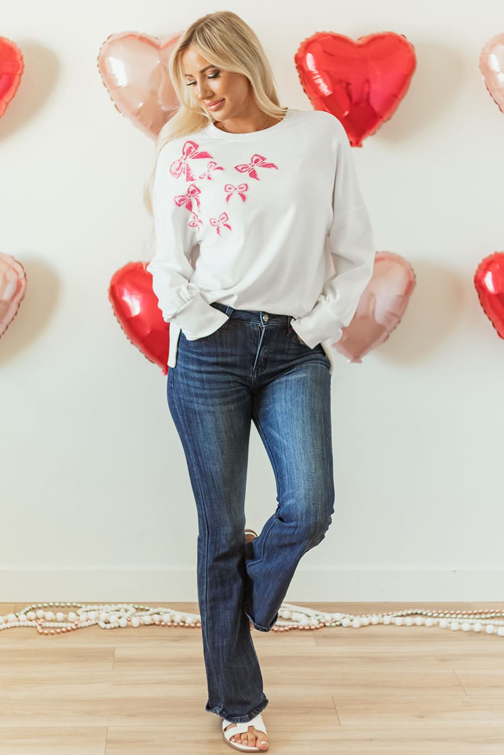 White Sequin Bowknot High Low Oversize Sweatshirt - Love Salve 