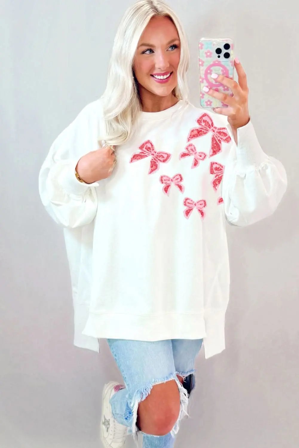 White Sequin Bowknot High Low Oversize Sweatshirt - Love Salve 