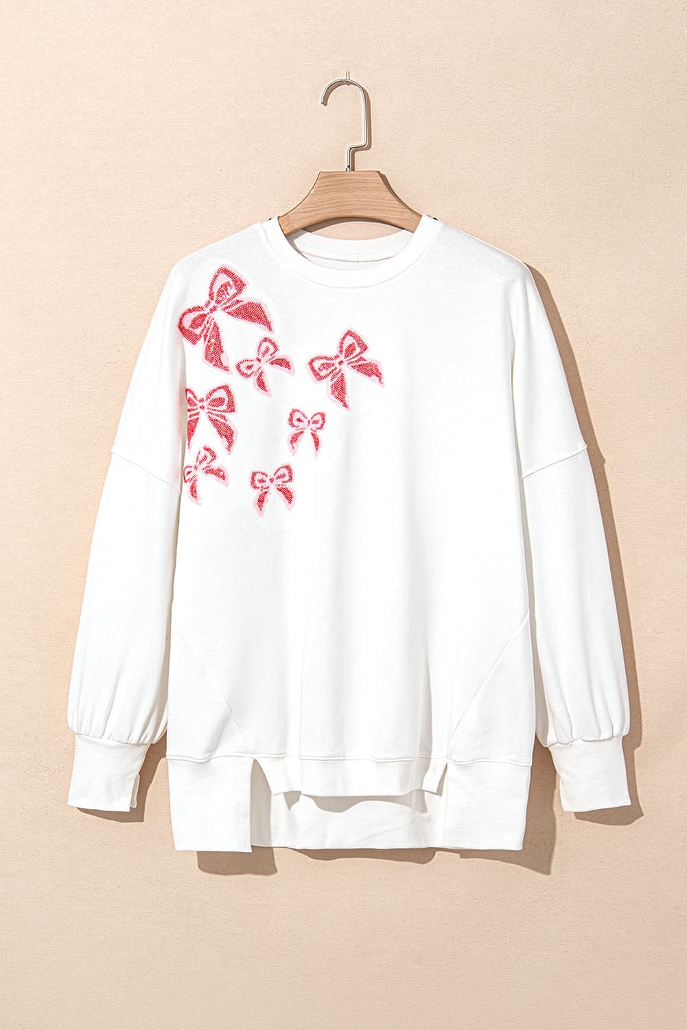 White Sequin Bowknot High Low Oversize Sweatshirt - Love Salve 