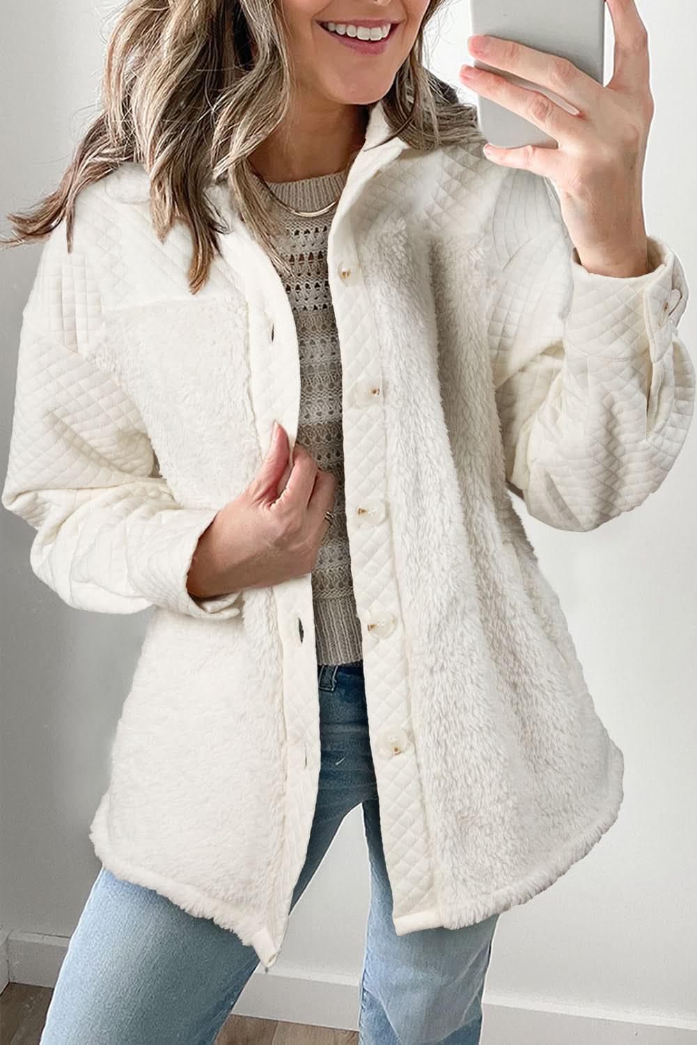 White Solid Color Quilted Sherpa Patchwork Button Up Shacket 