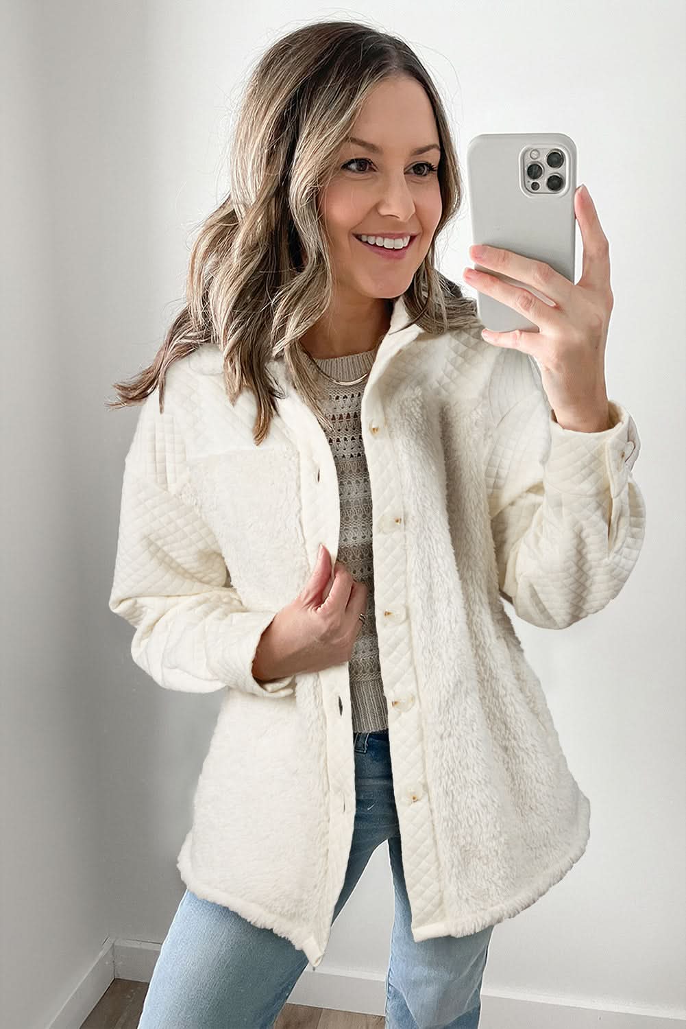 White Solid Color Quilted Sherpa Patchwork Button Up Shacket 